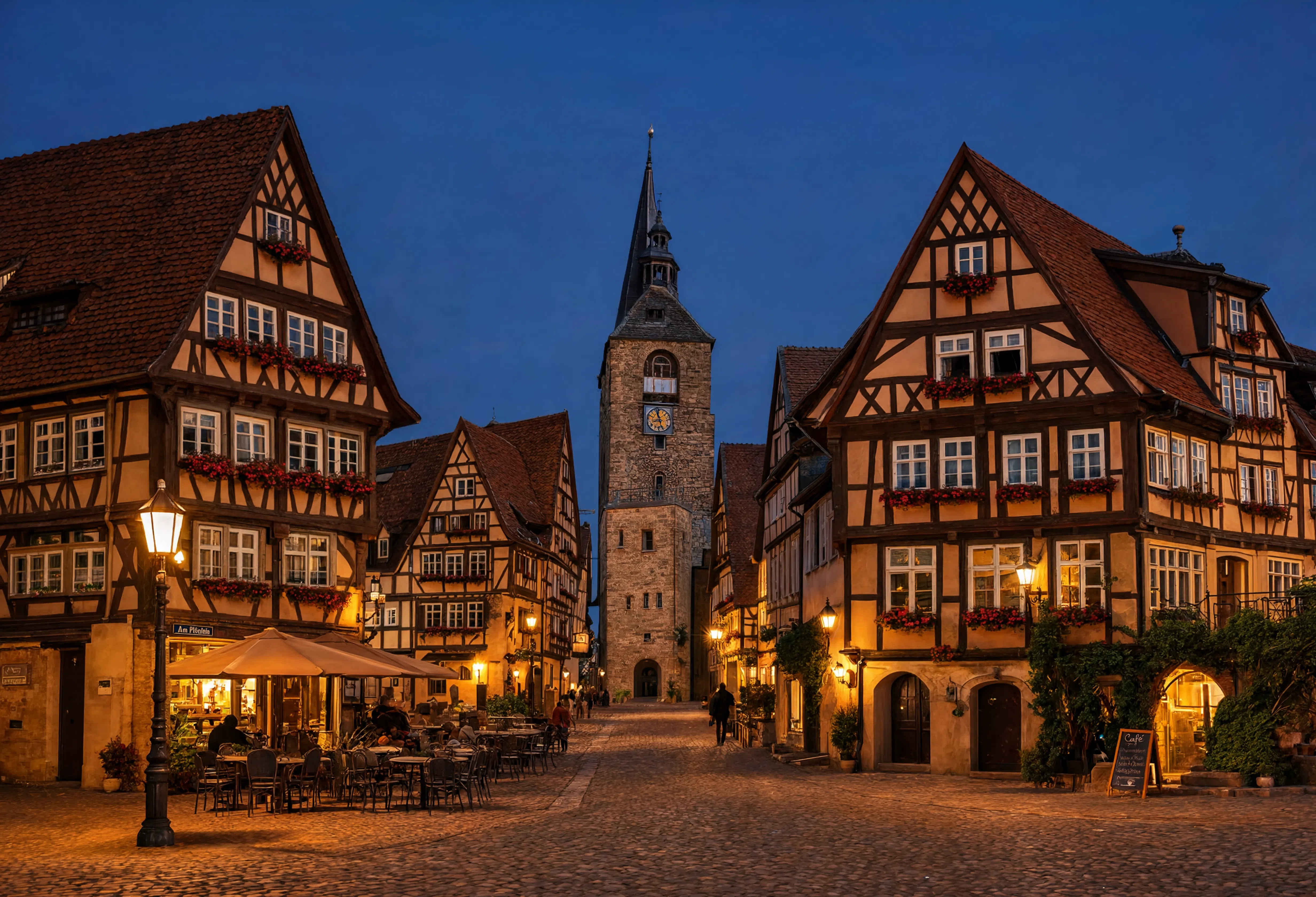 Historische deutsche Stadt im Abendlicht mit Fachwerkhäusern und Kirchturm