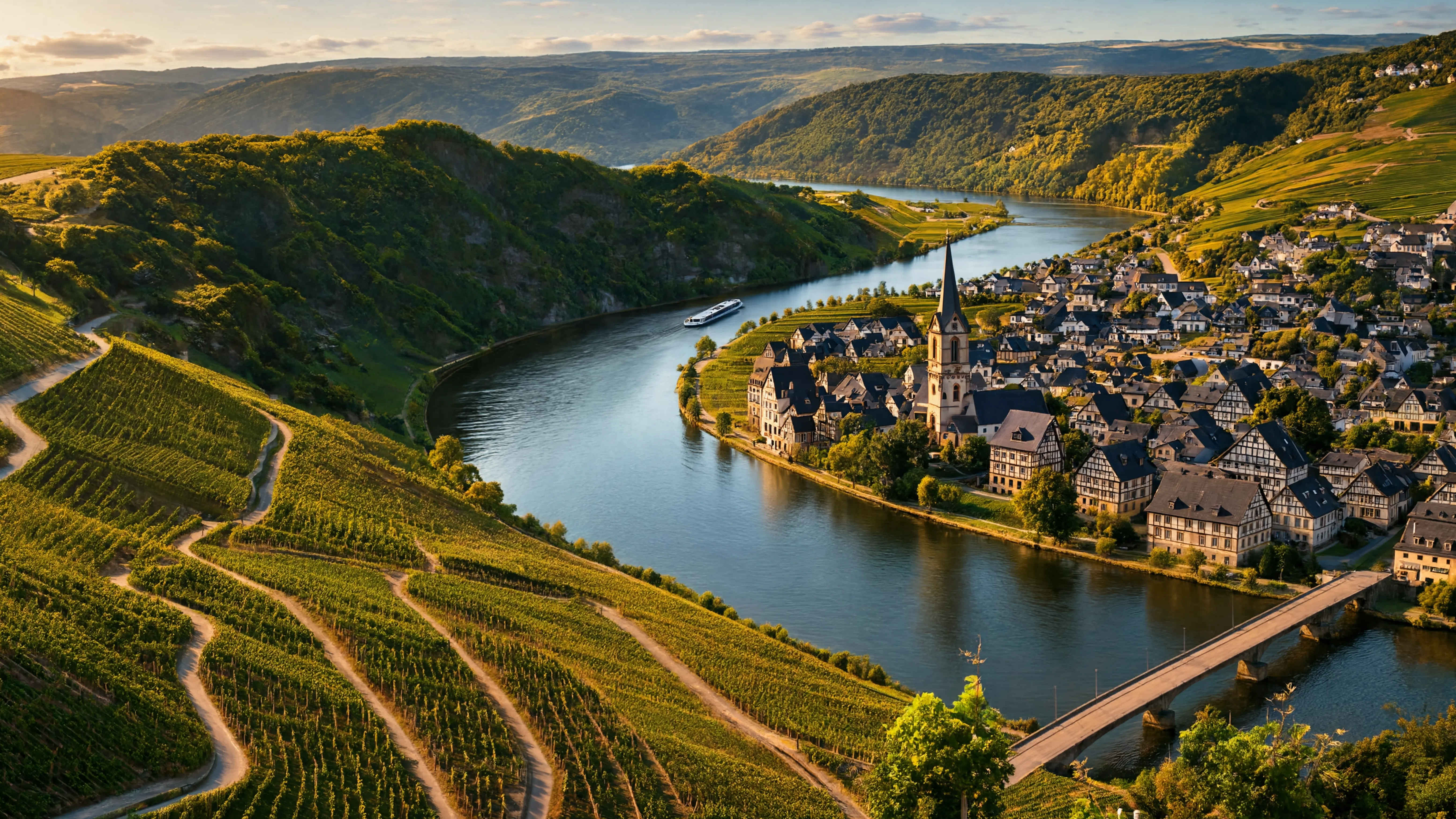 Moseltal Weinberge Terassen mit dem Fluss im Tal und kleinen Weindörfern
