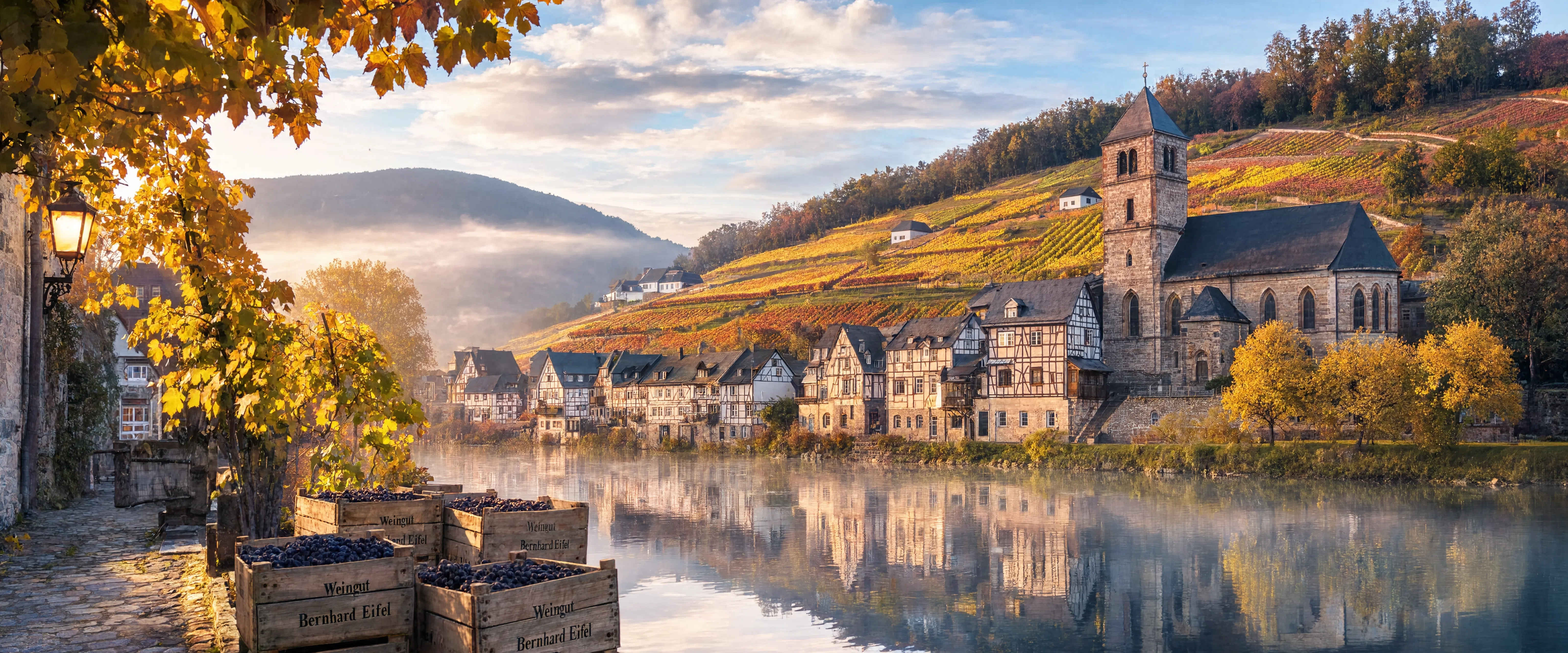 Deutsches Weindorf im Herbst mit bunten Weinbergen und alten Fachwerkhäusern an einem Flussufer